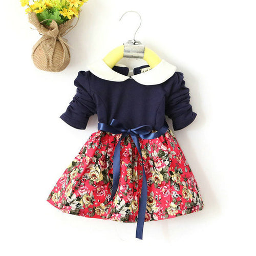 1-5Y Kids Baby Girls Princess Long Sleeve Pleat Floral Bow Mini Dress Party Tutu Dresses