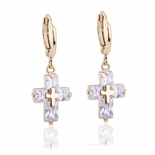 1 Pair Hoop Earrings Clear Crystal Zircon 18K Gold Plated Cross Drop Dangle Pendant Ear Earring Jewelry Gift for Women
