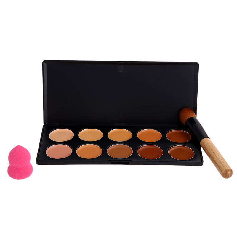 10 Colors Contour Face Cream Makeup Concealer Palette + Sponge Puff Powder