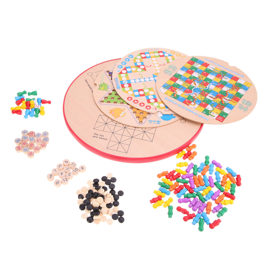 10-in 1 Wooden Chessboard Game Wood Checkers Chinese Chess Flying Chess Educational Toys for Children