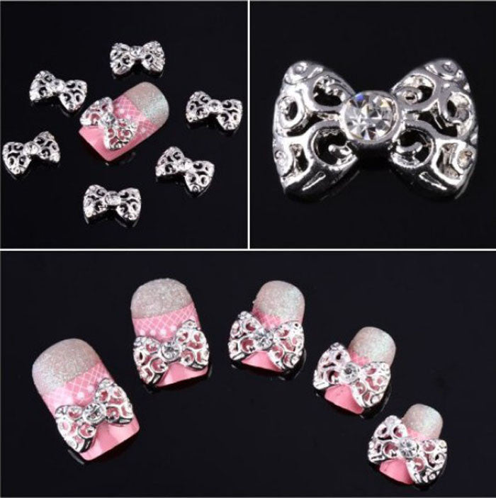 10 x Silver 3D Rhinestones Bow Tie Nail Art Glitter Slices DIY