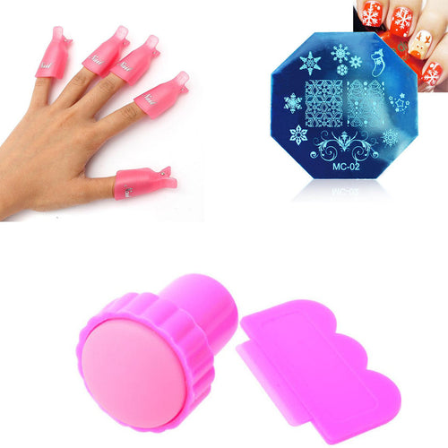 10pc Plastic Nail Art Soak Off Cap Clip UV Gel Polish Remover+Stamping Stamp Set+Stamp Stamping Plates Manicure Template