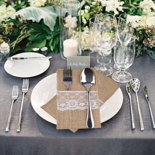 10Pcs Vintage 21*11cm Hessian Burlap Lace Wedding Tableware Pouch Cutlery Holder Decorations Favor