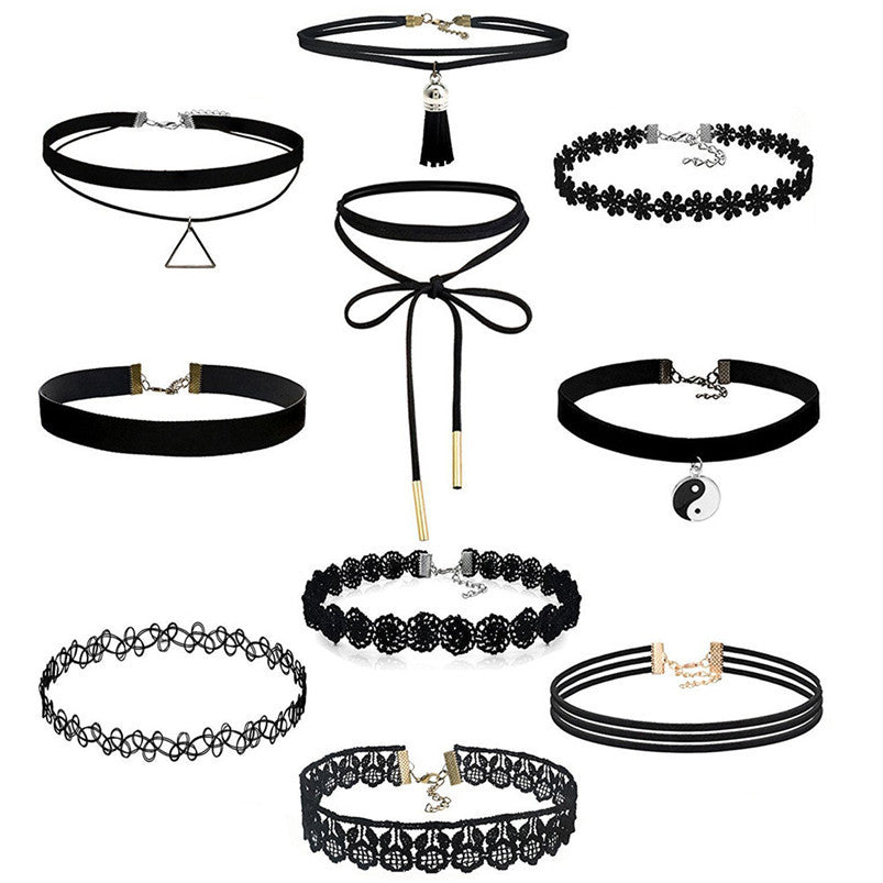 10Pieces Choker Necklace Set Stretch Velvet Classic Gothic Tattoo Lace Choker Fast Shipping Feida