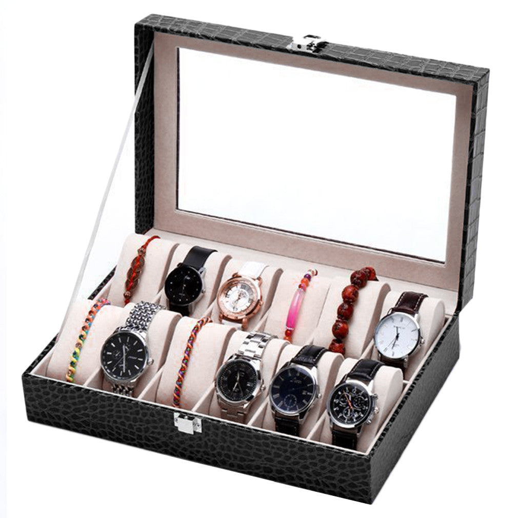 12 Grids Crocodile Glass Transparent Top Lid PU Leather Watch Display Box Jewelry Storage Case Tray Displaying Watche or Jewelry