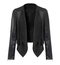 Women's Trendy Faux Leather Button Up Collar Lapel Long sleeve Tassel Short Jacket Coat Suit Tops