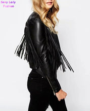 Women's Trendy Faux Leather Button Up Collar Lapel Long sleeve Tassel Short Jacket Coat Suit Tops
