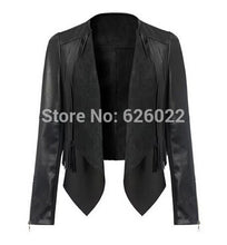 Women's Trendy Faux Leather Button Up Collar Lapel Long sleeve Tassel Short Jacket Coat Suit Tops