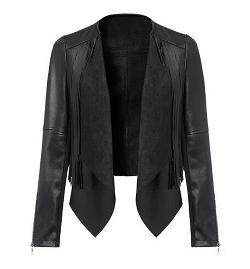 Women's Trendy Faux Leather Button Up Collar Lapel Long sleeve Tassel Short Jacket Coat Suit Tops