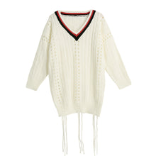 And  Women Long Sleeve Loose Sweater V Neck Hollow Out Knitted Pullover Girl Casual Top Knitwear Beige