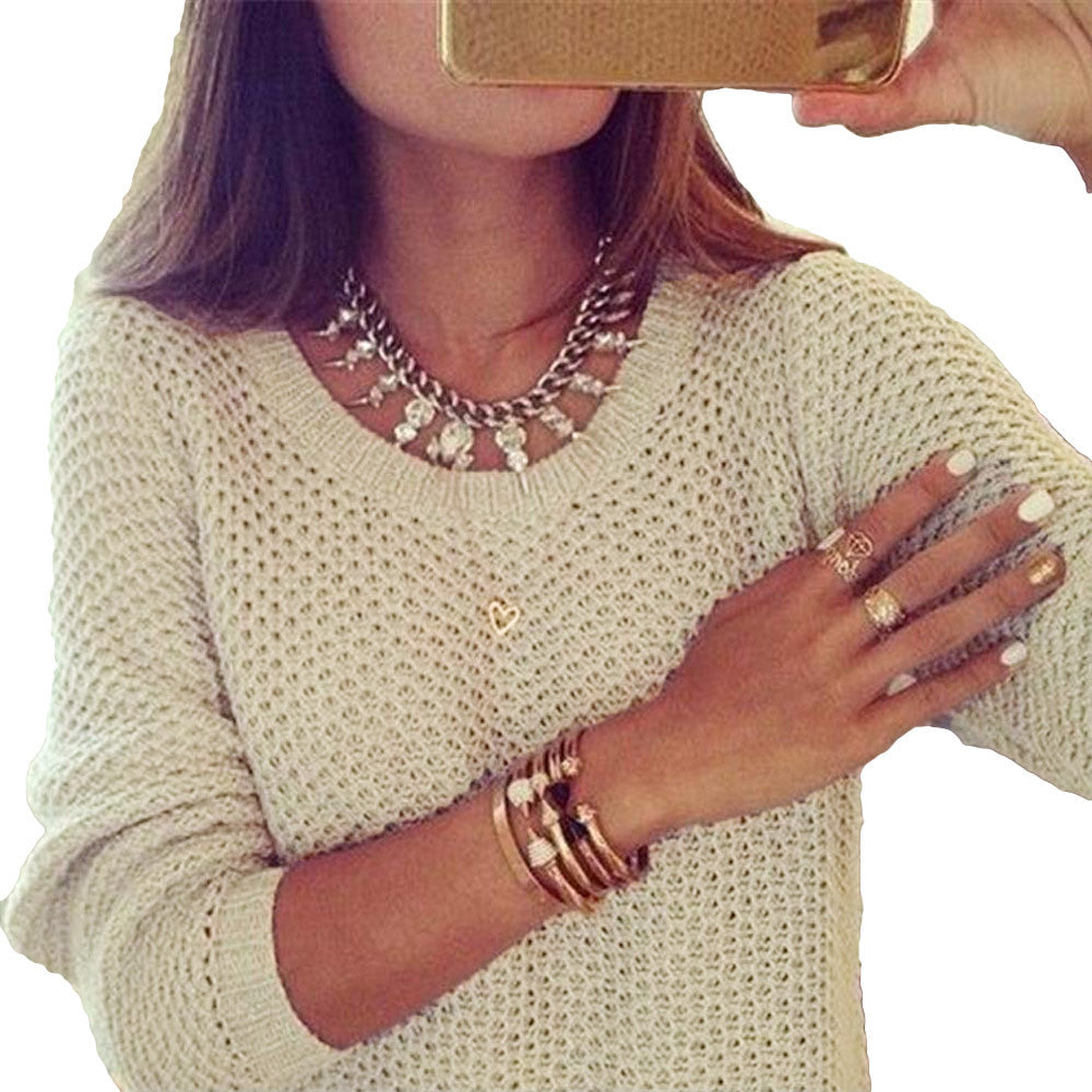 Fashion Women Knitted Jumper Solid Ribbed Design O Neck Tricot Woman Casual Sweater Beige Pull Femme Sweter Mujer