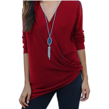 Women Solid Shirt Tops Femme Casual V Neck Long Sleeve Tee Shirt Irregular Hem Loose Lady T-Shirts Top M0402
