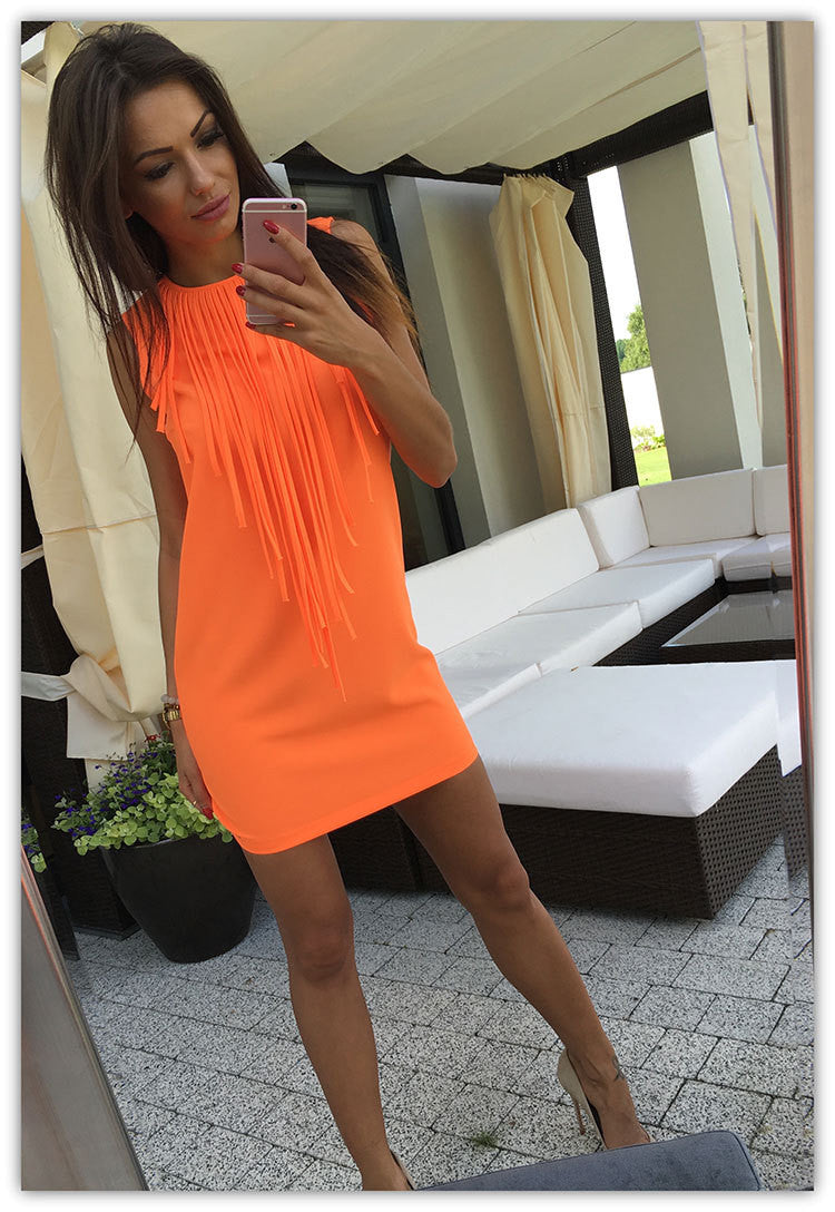 Women Sleeveless O-neck Solid Tassel Dress 3 Color Women Slim Straight Mini Dress X0375