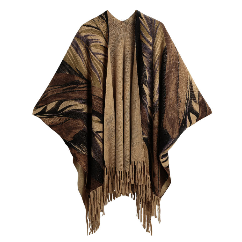 New Cardigan Women Poncho Cape Top Tassel Fringed Cardigan Print Sweater Scarf Women Coat Red/Grey/Khaki