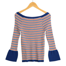 Women Knitted Sweater Striped Slash Neck Flare Sleeve High Elastic Pullover Ladies Slim Tops Knitwear