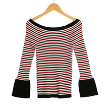 Women Knitted Sweater Striped Slash Neck Flare Sleeve High Elastic Pullover Ladies Slim Tops Knitwear
