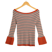 Women Knitted Sweater Striped Slash Neck Flare Sleeve High Elastic Pullover Ladies Slim Tops Knitwear