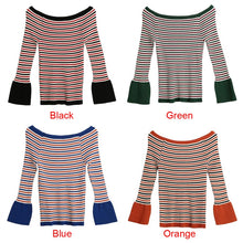 Women Knitted Sweater Striped Slash Neck Flare Sleeve High Elastic Pullover Ladies Slim Tops Knitwear