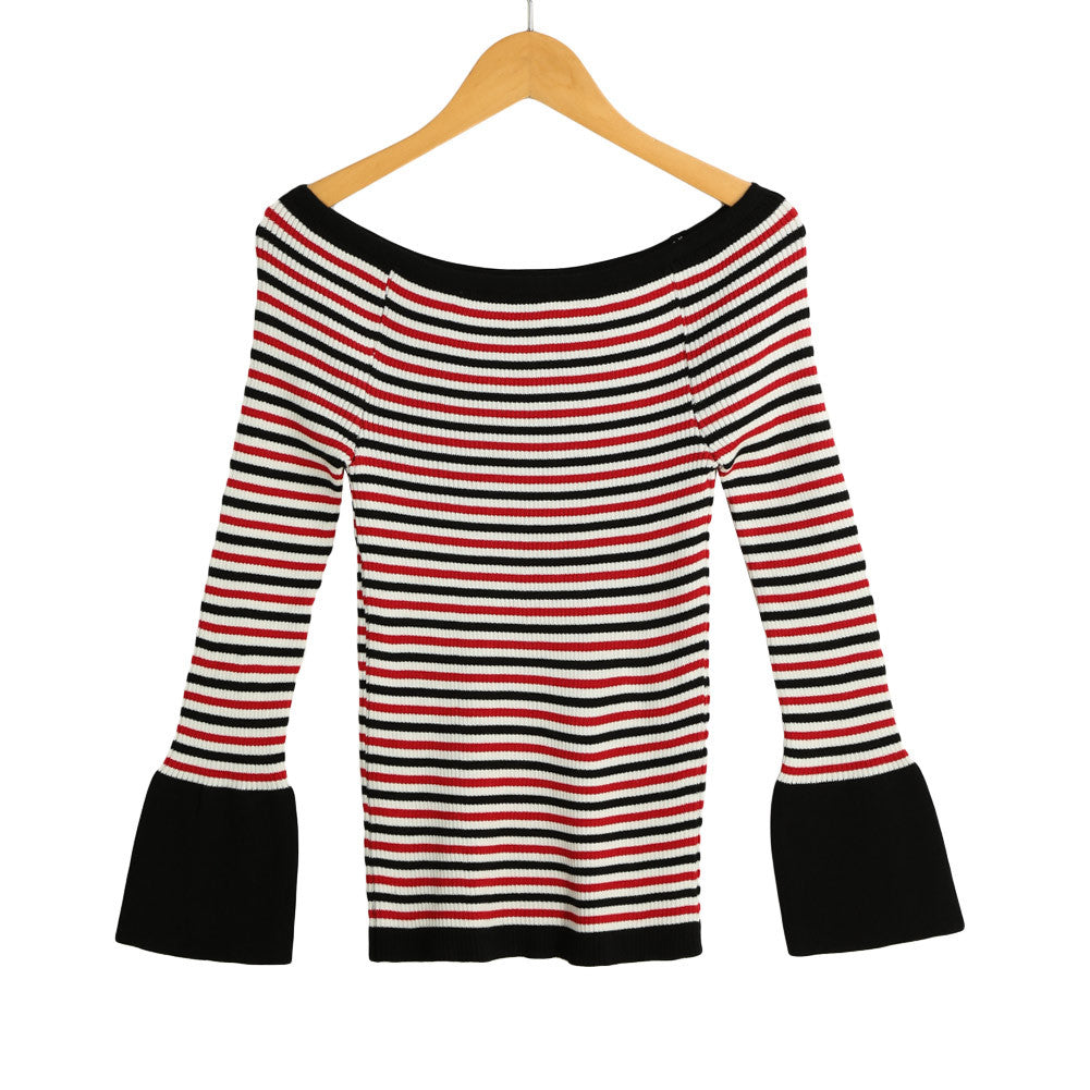 Women Knitted Sweater Striped Slash Neck Flare Sleeve High Elastic Pullover Ladies Slim Tops Knitwear