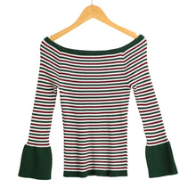Women Knitted Sweater Striped Slash Neck Flare Sleeve High Elastic Pullover Ladies Slim Tops Knitwear