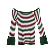 Women Knitted Sweater Striped Slash Neck Flare Sleeve High Elastic Pullover Ladies Slim Tops Knitwear