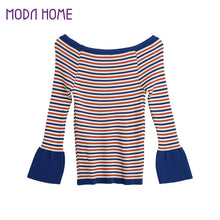 Women Knitted Sweater Striped Slash Neck Flare Sleeve High Elastic Pullover Ladies Slim Tops Knitwear