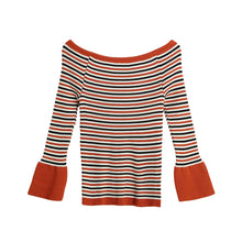 Women Knitted Sweater Striped Slash Neck Flare Sleeve High Elastic Pullover Ladies Slim Tops Knitwear