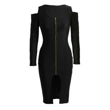 Off The Shoulder Women Bodycon Dress Front Zip Opening Long Sleeve Fancy Party Dress Club Wear Black/Royal Blue/Red