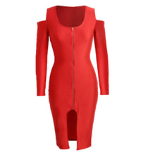 Off The Shoulder Women Bodycon Dress Front Zip Opening Long Sleeve Fancy Party Dress Club Wear Black/Royal Blue/Red