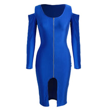 Off The Shoulder Women Bodycon Dress Front Zip Opening Long Sleeve Fancy Party Dress Club Wear Black/Royal Blue/Red