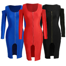 Off The Shoulder Women Bodycon Dress Front Zip Opening Long Sleeve Fancy Party Dress Club Wear Black/Royal Blue/Red