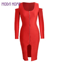 Off The Shoulder Women Bodycon Dress Front Zip Opening Long Sleeve Fancy Party Dress Club Wear Black/Royal Blue/Red