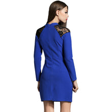 Dress Women Woollen Lace Dress Insert Slit Back Stand Neck Elegant Party Dress Back Zipper Slim Dress Blue