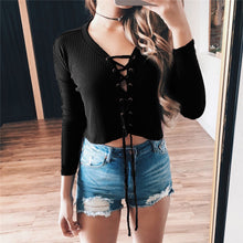 T Shirt Women Tee Shirt Femme Knitted Crop Top Long Sleeve Short Cross Bandage T-Shirts Cropped Top GV425