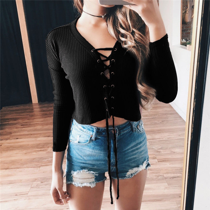 T Shirt Women Tee Shirt Femme Knitted Crop Top Long Sleeve Short Cross Bandage T-Shirts Cropped Top GV425