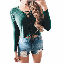 T Shirt Women Tee Shirt Femme Knitted Crop Top Long Sleeve Short Cross Bandage T-Shirts Cropped Top GV425