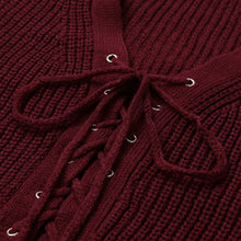 Women Sweaters And Pullovers Lace Up V-Neck Jumper Long Sleeve Casual Crop Knitted Tops Black/Burgundy Knit