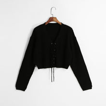 Women Sweaters And Pullovers Lace Up V-Neck Jumper Long Sleeve Casual Crop Knitted Tops Black/Burgundy Knit