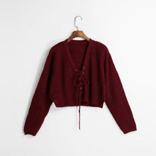 Women Sweaters And Pullovers Lace Up V-Neck Jumper Long Sleeve Casual Crop Knitted Tops Black/Burgundy Knit