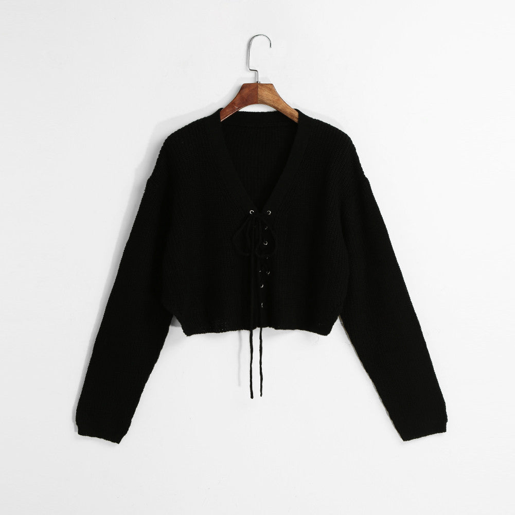 Women Sweaters And Pullovers Lace Up V-Neck Jumper Long Sleeve Casual Crop Knitted Tops Black/Burgundy Knit