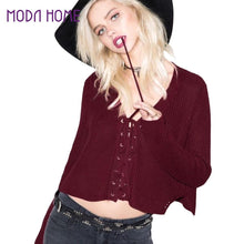 Women Sweaters And Pullovers Lace Up V-Neck Jumper Long Sleeve Casual Crop Knitted Tops Black/Burgundy Knit