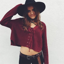 Women Sweaters And Pullovers Lace Up V-Neck Jumper Long Sleeve Casual Crop Knitted Tops Black/Burgundy Knit
