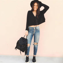 Women Sweaters And Pullovers Lace Up V-Neck Jumper Long Sleeve Casual Crop Knitted Tops Black/Burgundy Knit