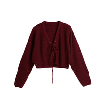 Women Sweaters And Pullovers Lace Up V-Neck Jumper Long Sleeve Casual Crop Knitted Tops Black/Burgundy Knit