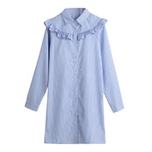 Women Dress Turn-Down Long Sleeve Striped Print Vintage Dress Ruffle Shirt Dress Plus Size Casual Dresses Vestidos