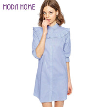 Women Dress Turn-Down Long Sleeve Striped Print Vintage Dress Ruffle Shirt Dress Plus Size Casual Dresses Vestidos