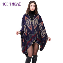 Bohemian Women Warm Ponchos And Capes Geometric Pattern Contrastcolor Pashmina Shawl Boho Cape Dark Blue