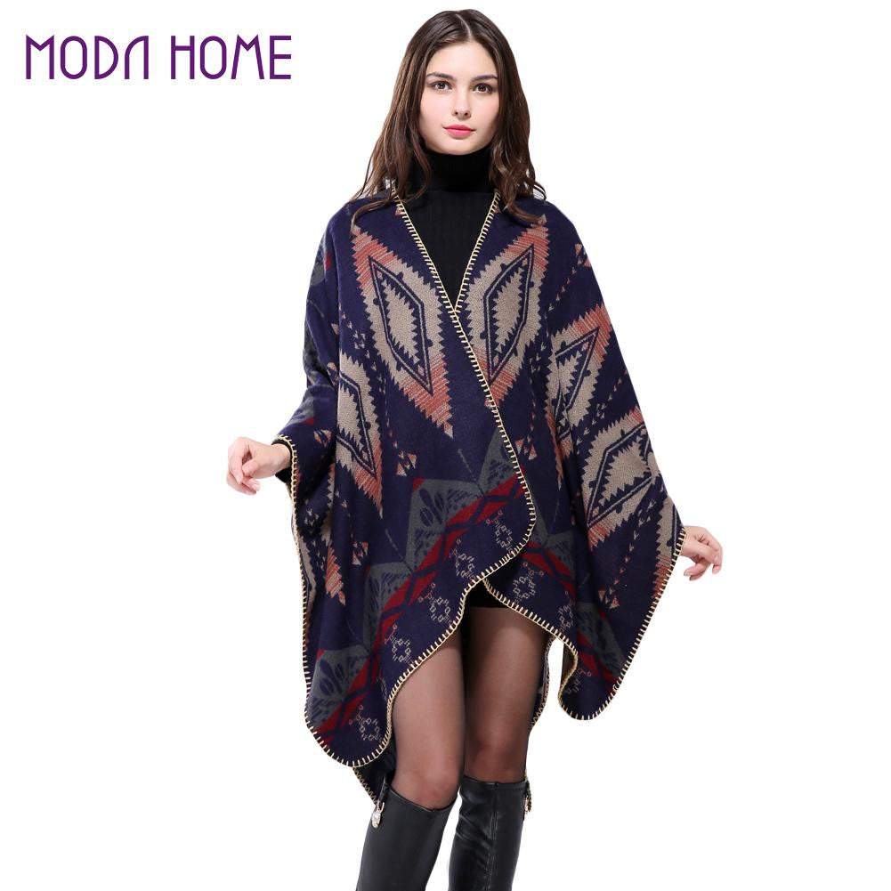 Bohemian Women Warm Ponchos And Capes Geometric Pattern Contrastcolor Pashmina Shawl Boho Cape Dark Blue