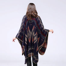 Bohemian Women Warm Ponchos And Capes Geometric Pattern Contrastcolor Pashmina Shawl Boho Cape Dark Blue