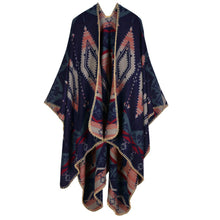 Bohemian Women Warm Ponchos And Capes Geometric Pattern Contrastcolor Pashmina Shawl Boho Cape Dark Blue